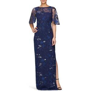 JS Collections Sapphire Navy Daphne Embroidered Sequin Column Gown